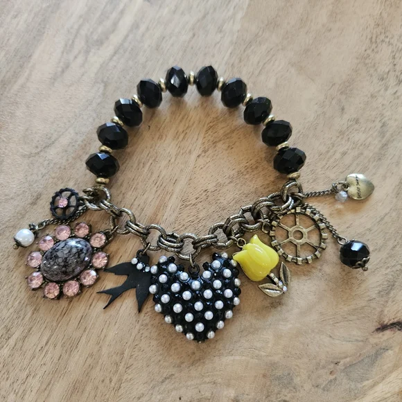 Betsey Johnson Black Bead Charm Bracelet with Pink and Yellow Accents - Picture 1 of 5